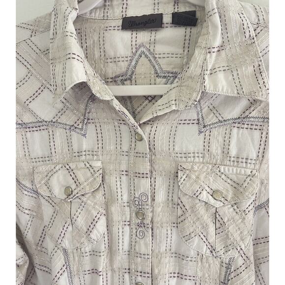 Wrangler Cream Metallic Thread Embroidered Cross Pearl Snap Shirt Ladies Large - Picture 4 of 10